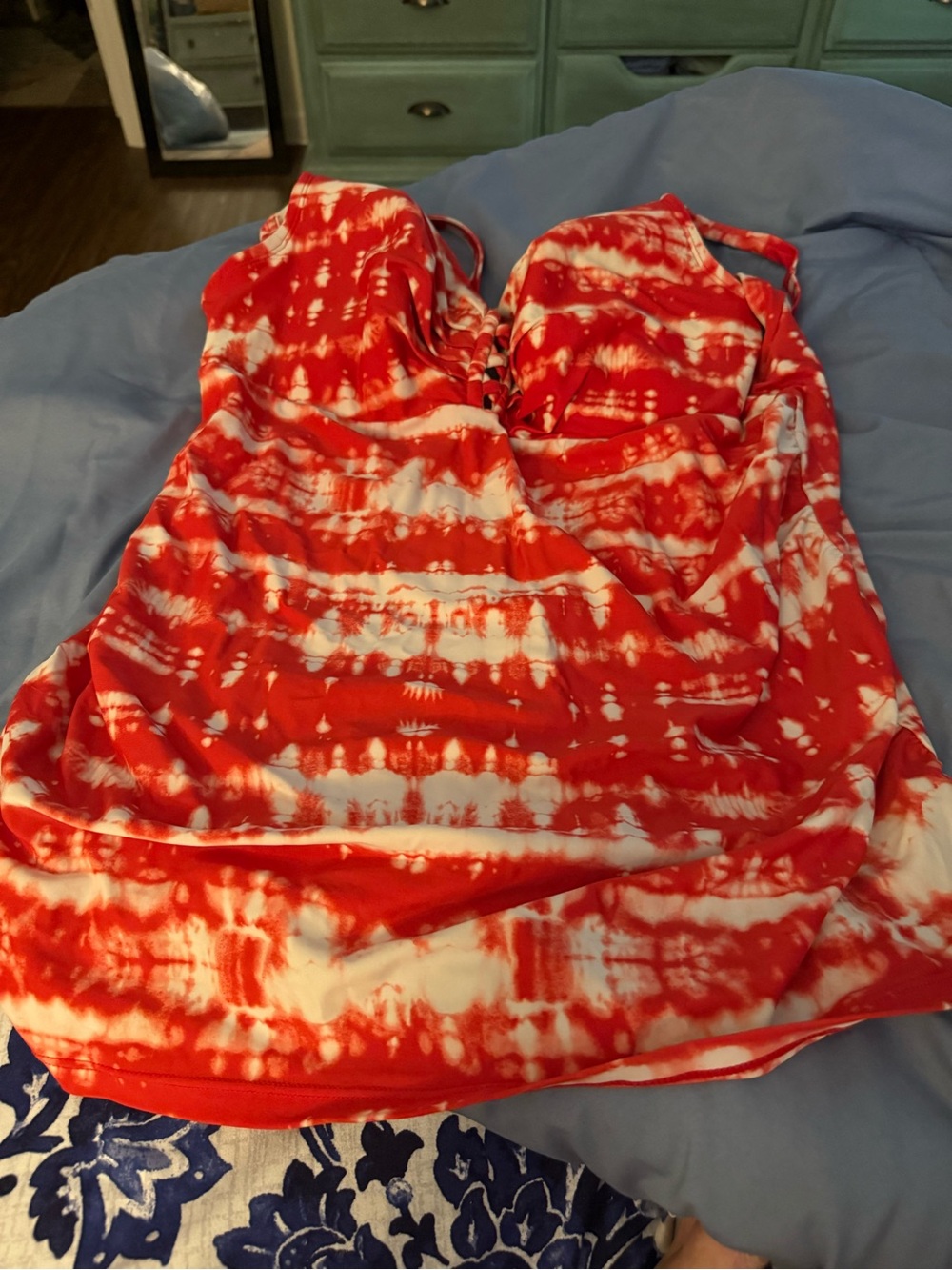Cacique Red and White Tie-Dye Swim Top